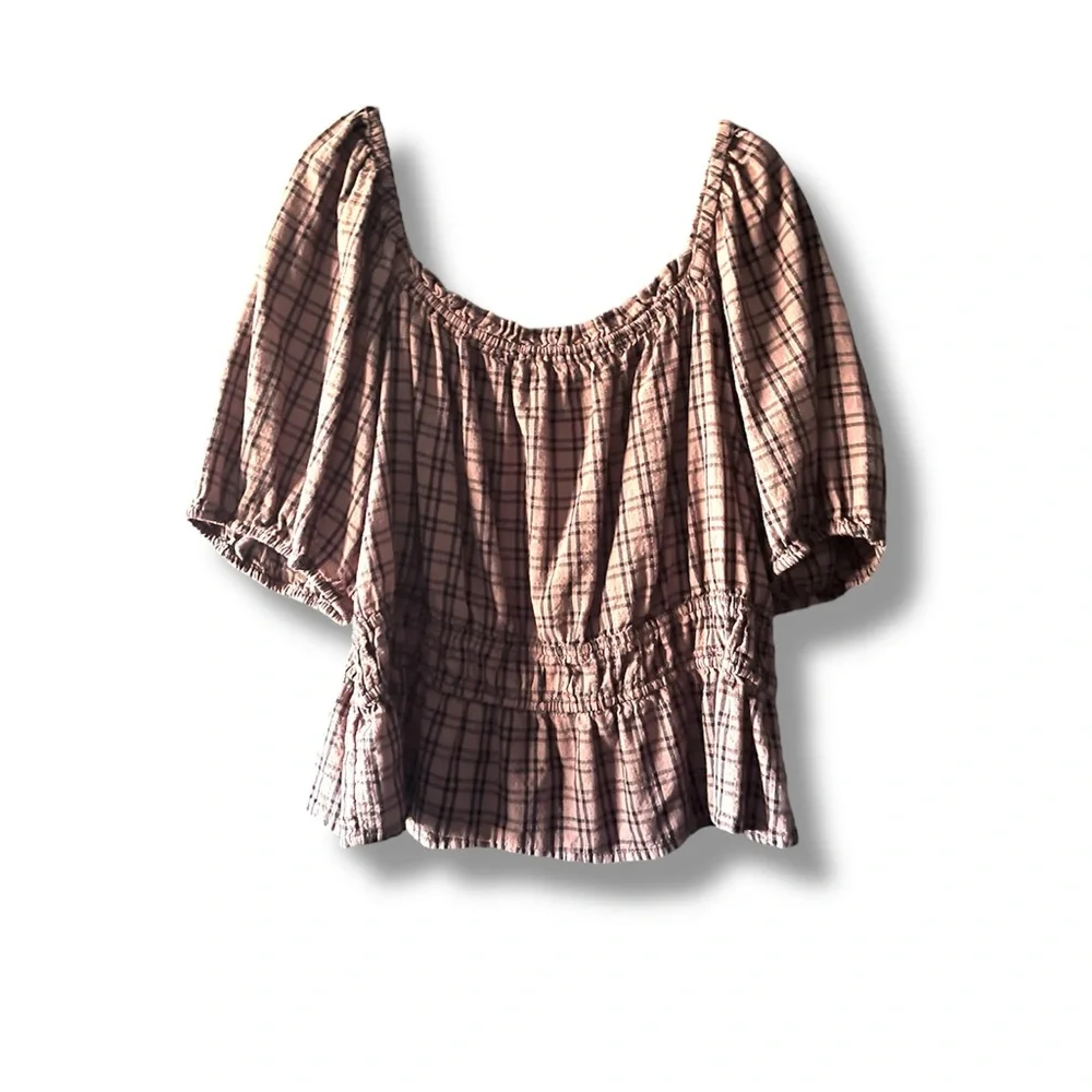 Plaid Peasant Ruched Sleeve Top
